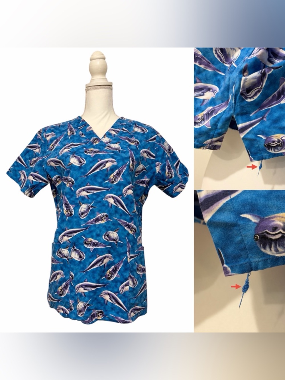 Comfy Cotton Scrubs Blue Dolphin Print Nursing Medical Scrub Top Women’s Small